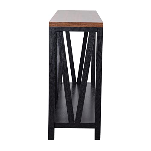 BizChair Farmhouse 2-Tier Console Table - Black Finish Engineered Wood Frame - Walnut Finish Tabletop - for Entryway or Living Room
