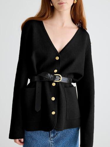 Saodimallsu Womens V Neck Cardigan Button Loose Knit Sweater Blazer Open Front Elegant Cardigans with Pockets Wine Red