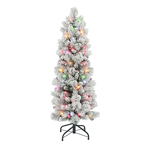 4.5 ft Flocked Portland Pine Pencil Tree with 195 Tips,100 UL Multi-Color Incandescent Lights