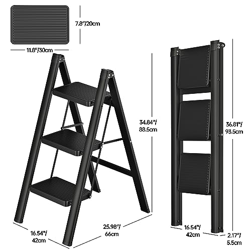 JOISCOPE 3 Step Ladder,Lightweight Folding Step Stool with Anti-Slip Pedal,600 lbs Portable Sturdy Steel Ladder for Adults,Multi Purpose Folding Ladder for Home Kitchen Office,Space Saving,Black