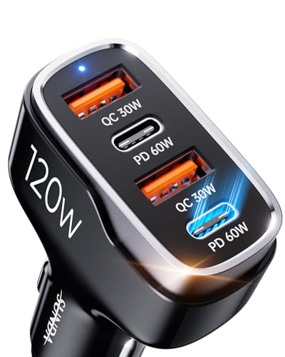 6 Multi Ports USB C Car Charger, 123W Fast Car Charger Adapter, PD 45W Compatible with iPhone16/Galaxy/Samsung S24, Type C Cigarette Lighter USB Charger with 5.7FT Cable for Rear Seat Charging(Black)