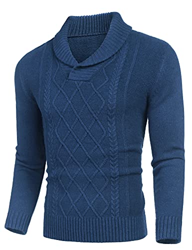 COOFANDY Men's Shawl Collar Sweaters V-Neck Relaxed Fit Cable Pullovers Brown