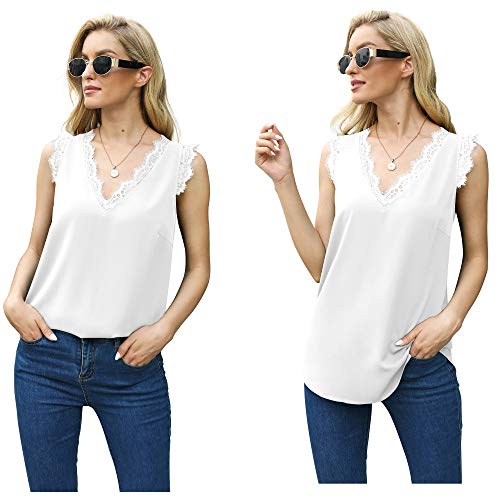 VIISHOW Womens Tops Chiffon Blouse V Neck Lace Trim Tank Tops Casual Loose Sleeveless Shirts, Green Red Flowers, Small
