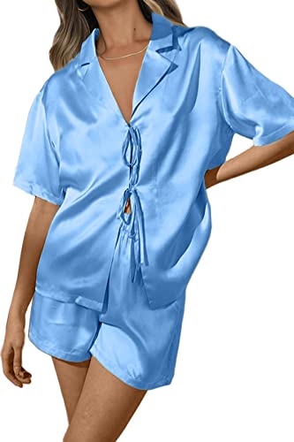 CHYRII Women's Silk Satin Pajamas Sets Tie Front Short Sleeve Tops and Shorts Two Piece Pj Sets Sleepwear Burgundy S