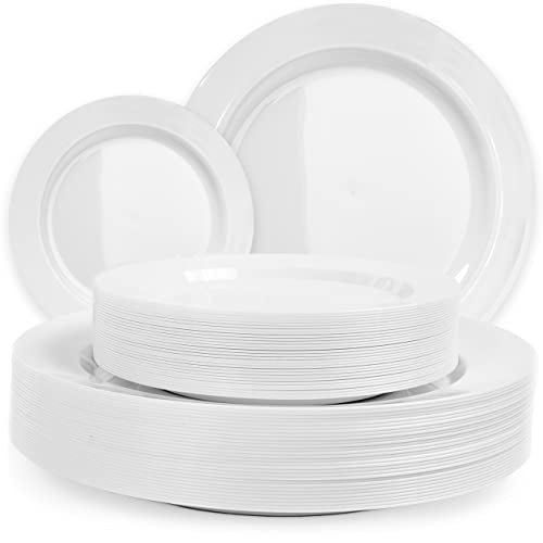 Pack of 60 White Plastic Plates - Aya's Heavy Duty Disposable Set of 30 Dinner and 30 Salad Plates - Durable Round Plastic Dinnerware Set for Parties and Events