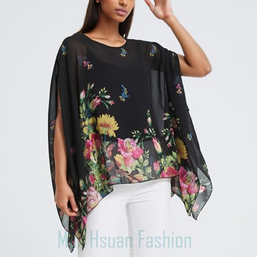 Max Hsuan Women's Loose Solid Sheer Chiffon Caftan Poncho Batwing Tunic Top Blouse Summer Oversized Shirts Floral White