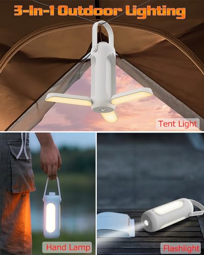 Foldable Camping Light Rechargeable Lantern, Portable Flashlight, 10000mAh Power Bank, IP54 Waterproof, 5 Modes, Multifunctional Led Tent Light for Fishing, Camping, Hiking (White)