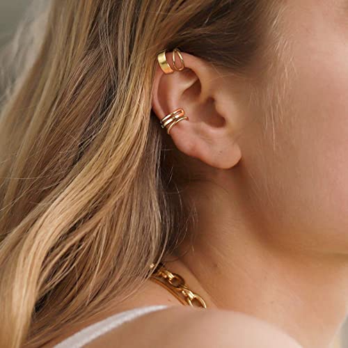 ChicSilver Gold Ear Cuffs Set 18K Gold Plated Fake Ear Cuffs Non Piercing Ear Conch Clip on Cartilage Earrings for Women Men | 4 Various Styles