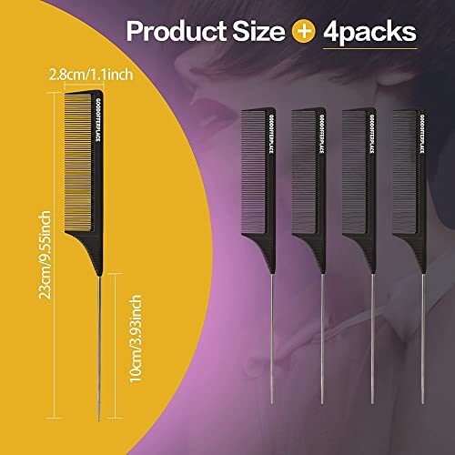 Goodofferplace 4 PCS Rat Tail Combs Parting Rattail Combs Teasing Fine Tooth Comb with Metal Pick for Curly Hair,Detangling Combs for Women,Parting Combs for Braiding,Styling Hair(Black)
