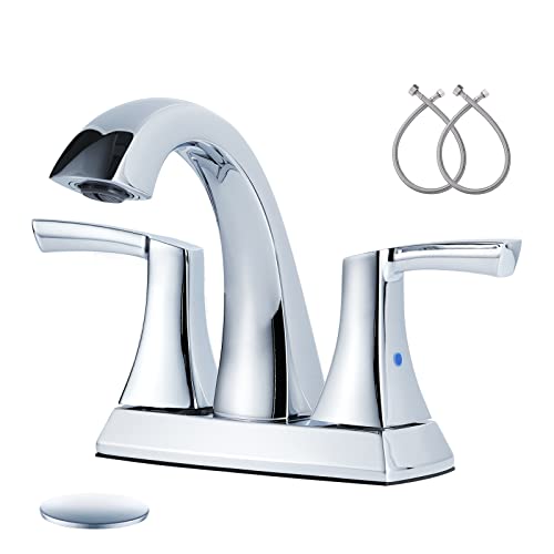 VXV Chrome Bathroom Faucet, 2 Handles Low Arc Bathroom Sink Faucets, 4 Inch Centerset Bath Lavatory Faucets with Pop-up Drain & Supply Lines (CP)