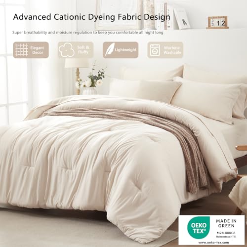 UNILIBRA Twin Comforter Set 5 Pieces - Beige Bed in a Bag Twin Size Soft for All Seasons - Cationic Dyeing Bedding Comforter Sets with Comforter, Flat Sheet, Fitted Sheet, Pillowcases & Shams