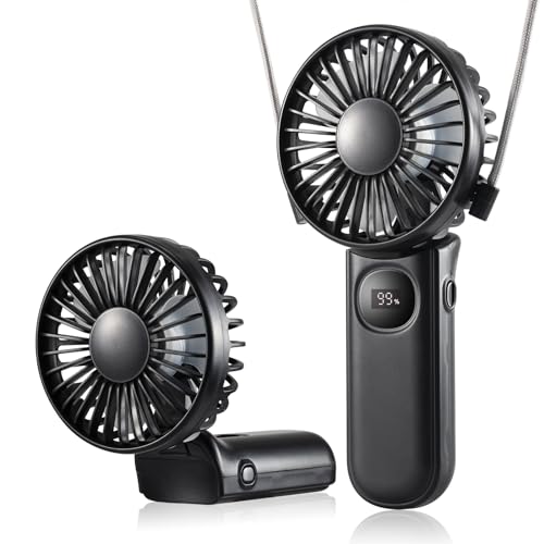 Leimaq Handheld Mini Fan, Handheld/Neck/Desk 3 in 1 Small Portable Fan USB Rechargeable, 3000mAh Battery Operated Fan with LED Display, 180° Foldable Fan with 5 Speed Wind (Black)