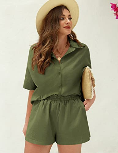 IN'VOLAND Women's Plus Size 2 Piece Outfits Summer Tracksuit Cotton Linen Shirt and Elastic Waist Shorts Summer Casual Tracksuits 18W