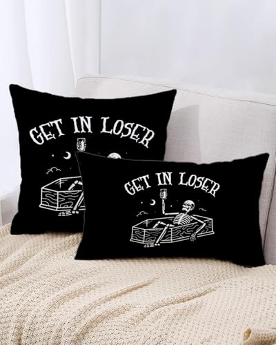 CarOptics Black Halloween Skull Pillow Covers (18 x 18 Inch) - Funny Get in Loser Skeletons Drink Coffee Goth Spooky Scary Skull Decor, Autumn Square Cushion Case for Home Sofa Couch