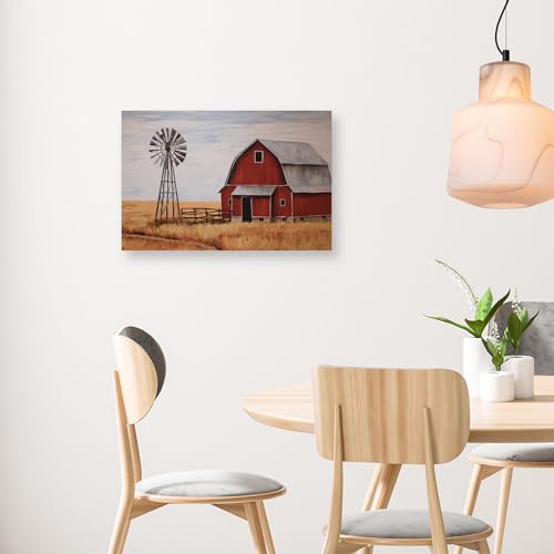 DOARTDO Old Barn Canvas Wall Art Farmhouse Windmill Pictures Country Blue Barn White Flowers Painting for Living Room Home Decor Frame (Barn - 1, 12.00" x 18.00")