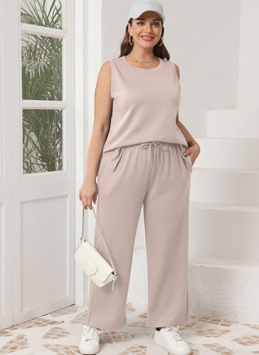 XIEERDUO Two Piece Summer Outfits for Women Sleeveless Wide Leg Tracksuit Travel Sweatsuit Airport Loungewear Spring Lounge Set Baggy Comfy S