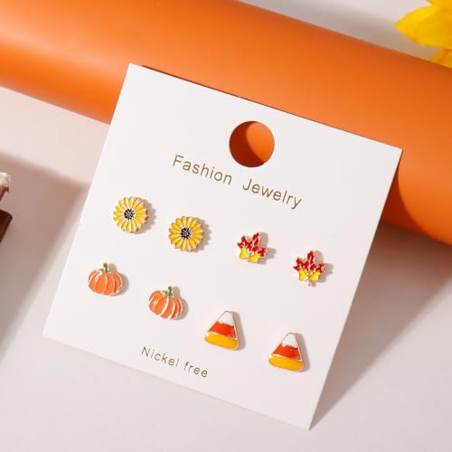 4 Pairs Thanksgiving Earrings for Women Pumpkin Statement Earrings for Women Acrylic Fall Maple Leaf Sunflower Stud Earrings Autumn Triangle Earrings Lightweight Thanksgiving Gift