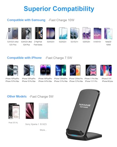 NANAMI Upgraded Fast Wireless Charger, Qi-Certified Wireless Charging Stand Compatible with Samsung Galaxy S25/S24/S23/S22/S21/S20 & Qi Phone Charger for iPhone 16/16 Plus/16 Pro/16 Pro Max/15/14/13