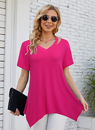 Bulotus Short Sleeve Tunic Tops for Women, Long Shirts for Women to Wear with Leggings Loose Fit Tunic Shirts for Women Summer Dressy Purple Flowy Tops to Hide Belly Casual Wear, Purple, L