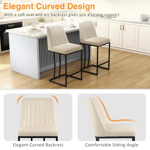 LSSPAID Counter Height Bar Stools Set of 2, 24.8 Inch Modern Upholstered Fabric Kitchen Island Chairs with Backrest and Footrest, Black Metal Leg for Kitchen Counter, Beige