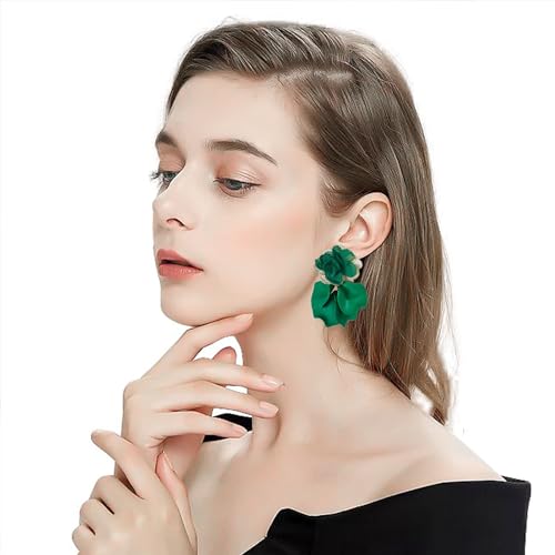 GUOXIAOMEI Chiffon Acrylic Rose Petal Earrings Dangle Exaggerated Flower Earrings Drop Statement Floral Tassel Light Weight Earrings Valentine's Day Gift (Green)