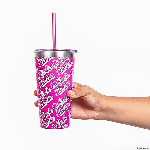 Dragon Glassware x Barbie Vacuum Insulated Tumbler with Lid and Straw - 16 oz Tumbler Cup with 2 Straws - Stainless Steel Tumbler with Straw for Water, Iced Tea - Travel Coffee Tumbler - Classic