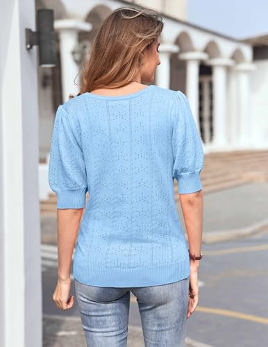 HOTOUCH Sweaters for Women Puff Long Sleeve White Lightweight Casual Square Neck Crochet Knit Cozy Pullover Blouse Top