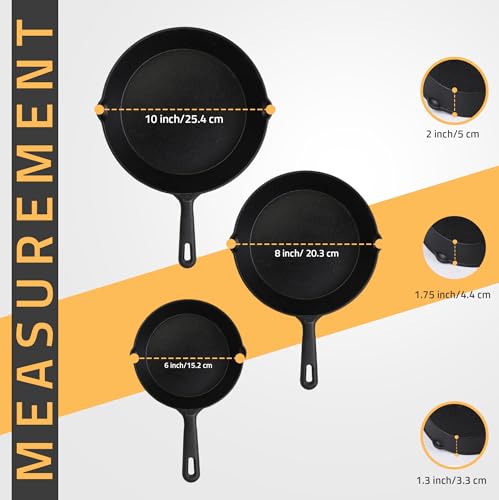 Utopia Kitchen Cast iron Skillets 3 Piece Set, Chefs Pan, Pre Seasoned Cast iron Skillets, 6, 8 & 10 Inches, Easy Use in the Oven, Stove, Grill, or Campfire, Black