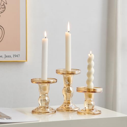 Glass Candlestick Holders for Pillar Candles Set of 3 Amber Taper Candle Holders for Table Centerpiece Candle Stands Decorative Candle Stick Holders for Wedding Party Dinner Holiday Decor Gifts