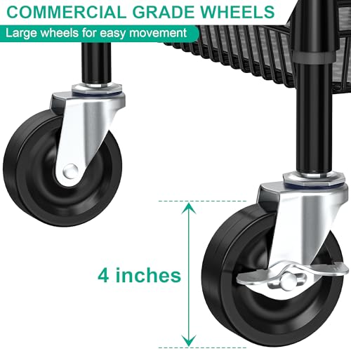 Folews Heavy Duty Rolling Cart with Wheels, 3 Tier Commercial Grade Utility Cart Metal Kitchen Storage Trolley Wire Cart Food Storage Cart Service Cart with Handle Bar & Shelf Liner, Black