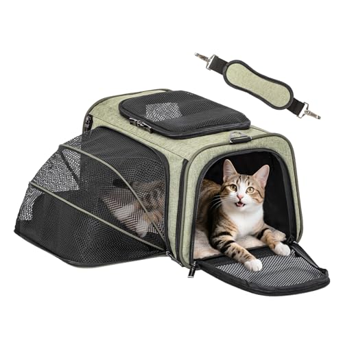 Petsfit Expandable Cat Carrier Dog Carriers,Airline Approved Soft-Sided Portable Pet Travel Washable Carrier for Kittens,Puppies,Removable Soft Plush mat and Pockets,Locking Safety Zippers