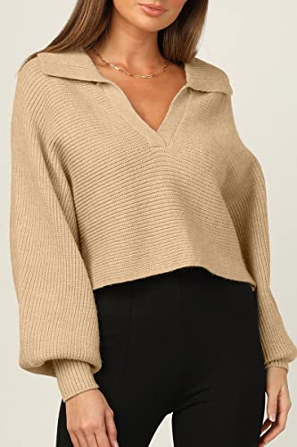 CHYRII Women Casual Overized Puff Long Sleeve V Neck Knitted Polo Pullover Sweater Jumper Tops Lavender M