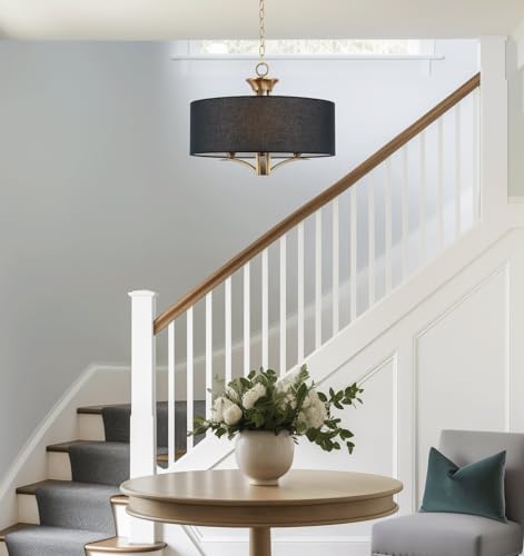 Kira Home Alondra 20" Modern 3-Light Drum Chandelier + Black Fabric Shade, Adjustable Height, Warm Brass Finish