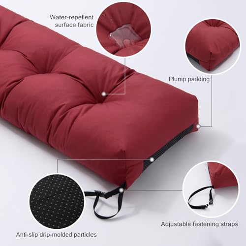 YIJIAN HOME Outdoor Bench Cushion, Blue Shredded Memory Foam, Waterproof Patio Furniture Cushion Fade Resistant Indoor Window Seat Pad 4.5inch Extra Thick with Adjustable Strap 36 x 14 Inch, Burgundy