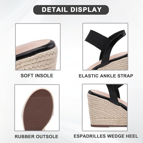 Jeossy Women's 8801 Black Wedge Sandals for Women,Ankle Strap Espadrille Sandals for Women Dressy Summer Size 6(DJY8801 Black 06)