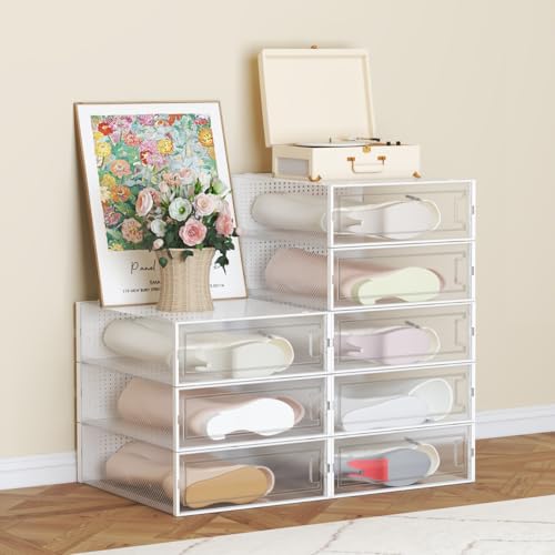 WAYTRIM Stackable Boots Storage Box, 8 Pack Stackable Boots Organizer and Storage Boots Box, Under Bed Boot Storage, 20.5" x 11.8" x 5.5" - Clear White