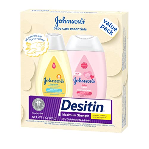 Johnson's Baby Care Essentials Gift Set, Baby Skincare Set with Body Wash & Shampoo, Body Lotion, & Zinc Oxide Diaper Rash Paste for Baby's Delicate Skin, Value Pack, Travel-Size, 3 Items