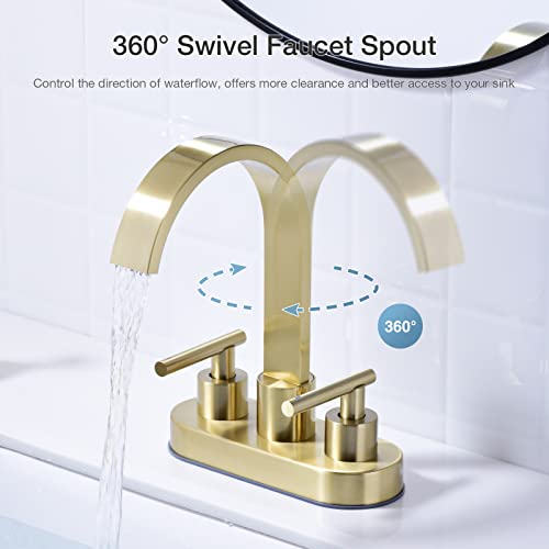 DIKUROOMS 4 Inch Centerset Bathroom Sink Faucet 2 Handle Vanity Basin Faucets with Overflow Pop-up Drain Assembly and cUPC Water Supply Lines, 360 Degree Swivel Square Spout, Brushed Gold