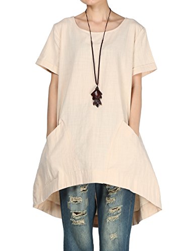 Minibee Women's Cotton Linen Short Sleeve Tunic/Top Tees (M, Beige)