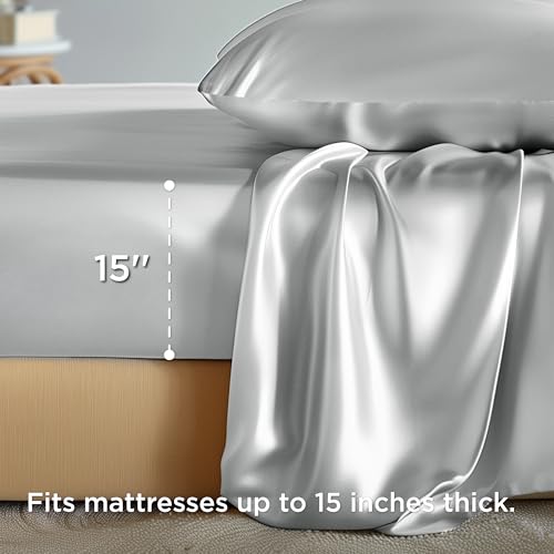 Bedsure Satin Sheets - Soft Satin Bed Sheets Queen Set, 4 Pcs Luxury Silky Sheets, Similar to Silk Sheets, Sage Green Satin Sheets Queen Size for Hair and Skin, Gifts for Women