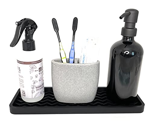 Happitasa Silicone Kitchen Sink Organizer Tray, Sponge Holder and Countertop Protector | Bathroom and Kitchen Soap Dish and Dispenser Tray (Black, 10" x 5.25", 10.3 Ounces, Zigzag)