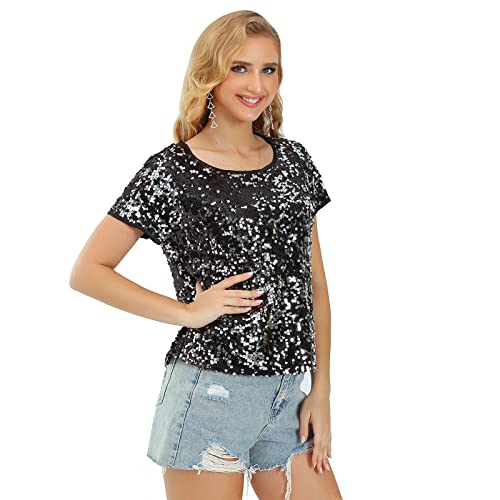 Womens Full Sequin Sparkle Tops Shimmer Glitter Round Neck Short Sleeve Shirt Summer Disco Party Tee Shirts Tunic Blouse Orange Medium