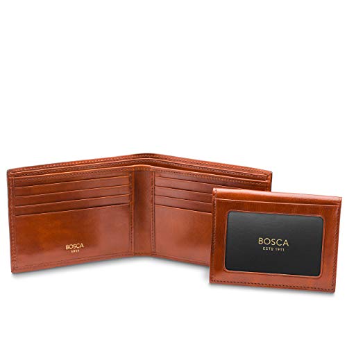 Bosca Men's Leather Wallet with Removable ID Passcase - Bifold Wallet for Men With 8 Card Slots, Premium Hand-Stained Leather With Gift Packaging, Amber Brown