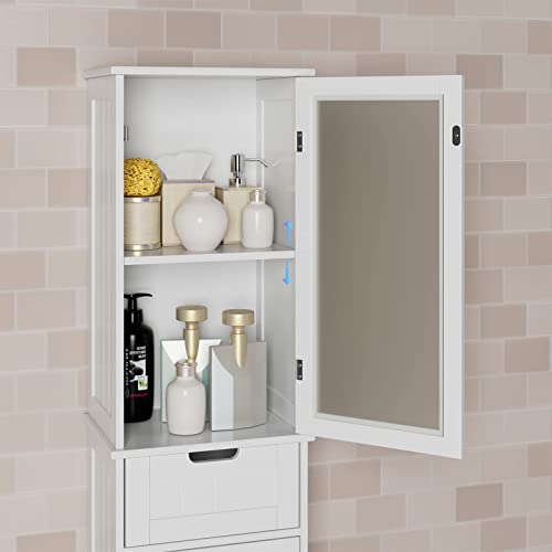 HORSTORS Bathroom Cabinet, Storage Cabinet with 2 Doors & 1 Drawer, Floor Freestanding Cabinet with Adjustable Shelves, Narrow Tall Cabinet for Bathroom, Living Room, Home Office, White