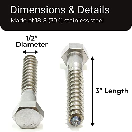 Bolt Dropper 1/2" x 3" Stainless Hex Head Lag Bolt Screws, (10 Pack), 304 (18-8) Stainless Steel Coach Bolts/Large Screws for Wood with Plain Finish by Bolt Dropper