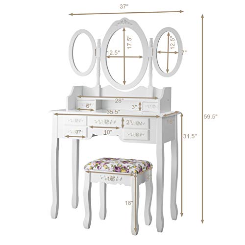 CHARMAID Vanity Set with Tri-Folding Mirror and Cushioned Stool, Dressing Table with 7 Drawers and a Shelf, Antique Makeup Table with Removable Top, Vintage Makeup Vanity Set for Women Girls (White)