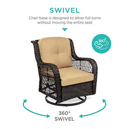 Best Choice Products 3-Piece Outdoor Wicker Patio Bistro Set w/ 2 360-Degree Swivel Rocking Chairs and Tempered Glass Top Side Table - Beige