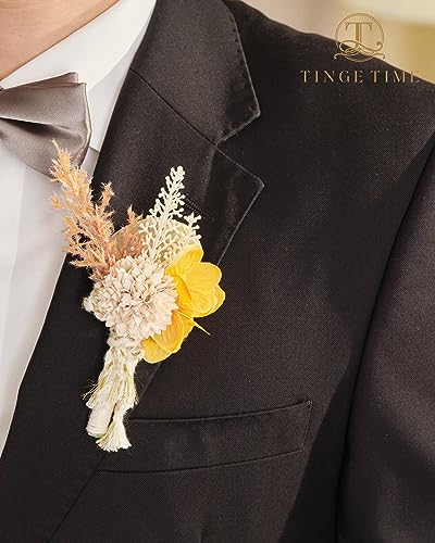 TINGE TIME Boutonniere for Men Wedding, Set of 6, Beige Artificial Groom Boutineer for Wedding Ceremony Anniversary, Formal Dinner Homecoming and Prom