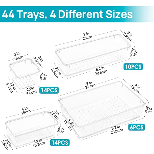 Vtopmart 44 PCS Clear Plastic Drawer Organizers Set, 4-Size Versatile Bathroom and Vanity Organizer Trays, Non-Slip Storage Containers for Makeup, Jewelries, Bedroom,Kitchen Utensils and Office