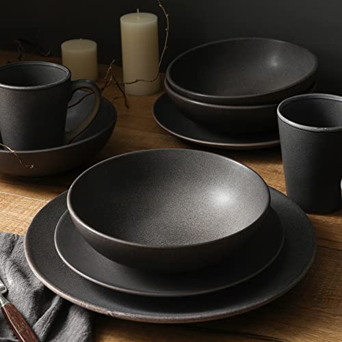 Stone Lain Grao Stoneware 16-Piece Dinnerware Set, Grey